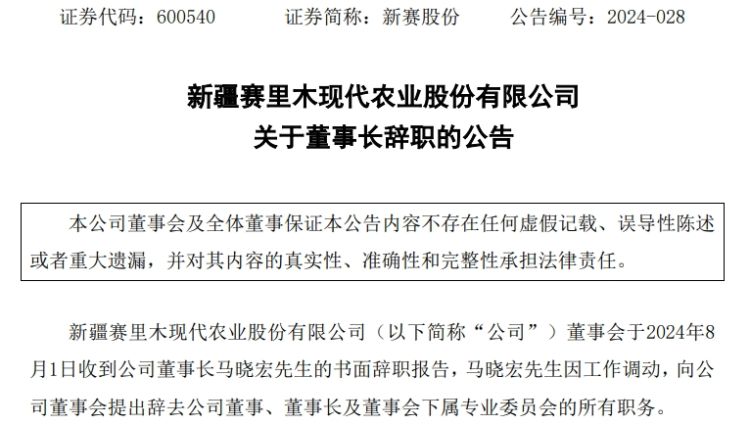 新赛股份:董事长马晓宏因工作调动辞职